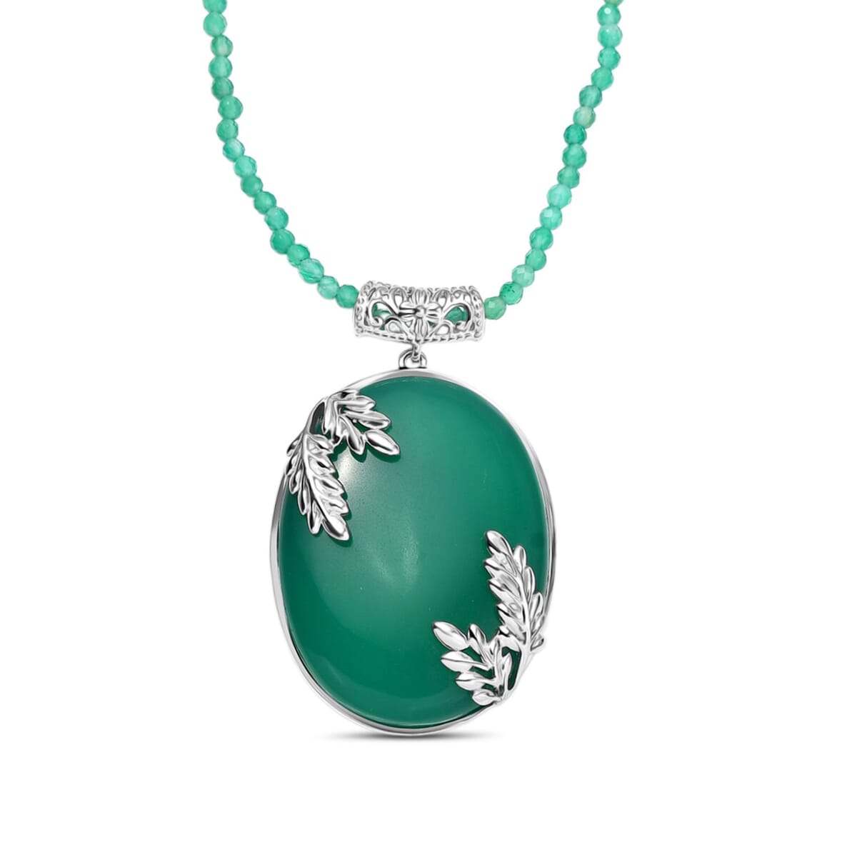 Karis Verde Onyx 124.20 ctw Flower and Leaves Pendant with Beaded Chain 20 Inches in Platinum Bond image number 0