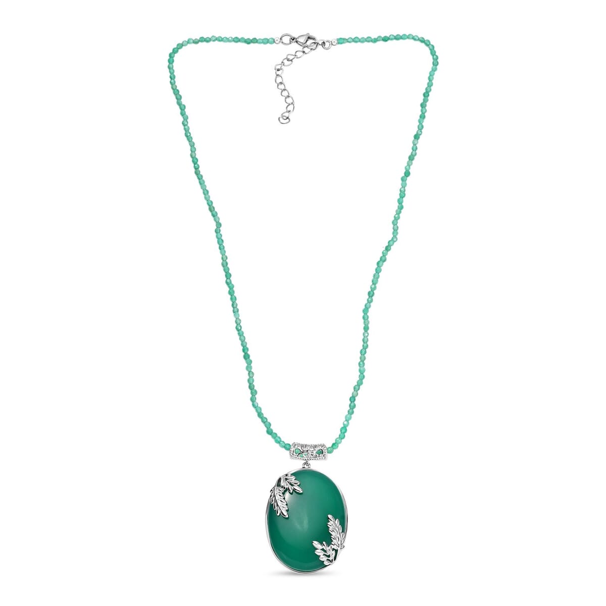 Karis Verde Onyx 124.20 ctw Flower and Leaves Pendant with Beaded Chain 20 Inches in Platinum Bond image number 3