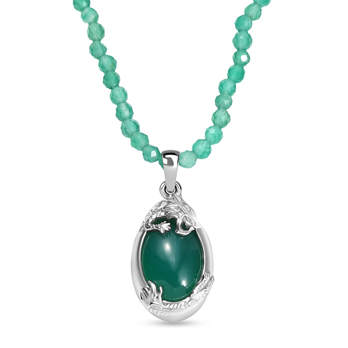 D'Joy Verde Onyx 60.80 ctw Dragon Pendant with Beaded Chain 20 Inches in Rhodium Over Sterling Silver image number 0