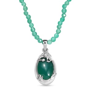 D'Joy Verde Onyx 60.80 ctw Dragon Pendant with Beaded Chain 20 Inches in Rhodium Over Sterling Silver