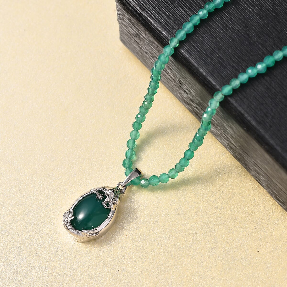 D'Joy Verde Onyx 60.80 ctw Dragon Pendant with Beaded Chain 20 Inches in Rhodium Over Sterling Silver image number 1
