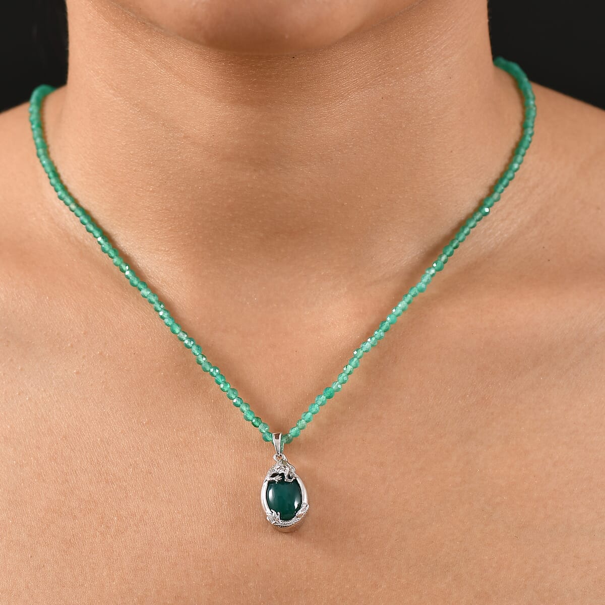 D'Joy Verde Onyx 60.80 ctw Dragon Pendant with Beaded Chain 20 Inches in Rhodium Over Sterling Silver image number 2