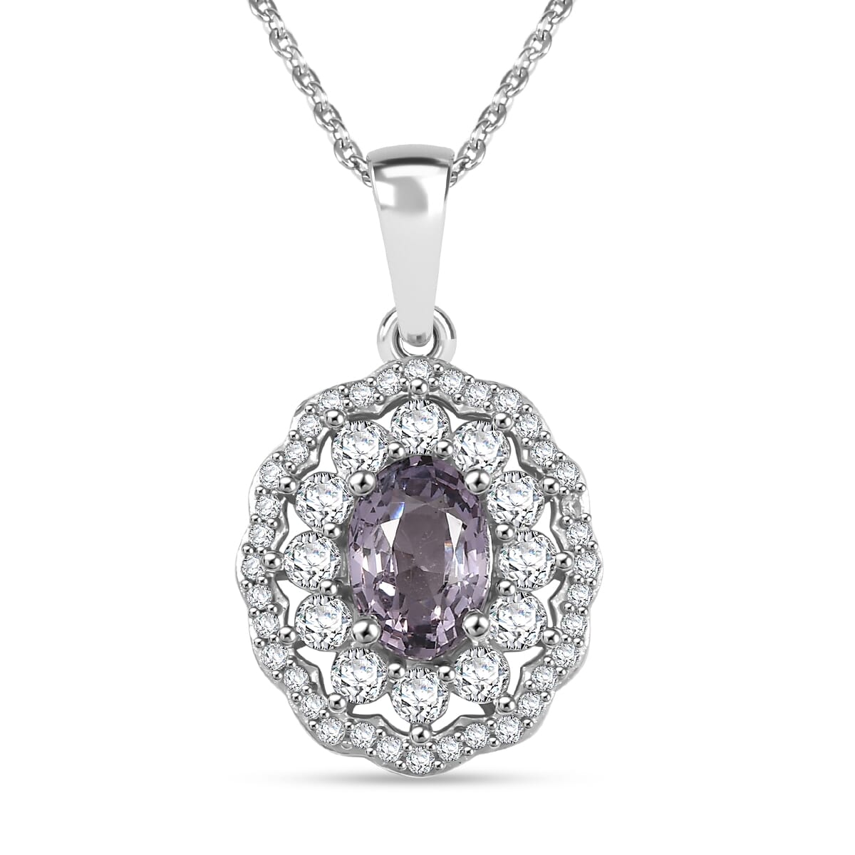 Royal Lavender Spinel and White Zircon 1.70 ctw Floral Pendant Necklace in Rhodium Over Sterling Silver 20 Inches image number 0