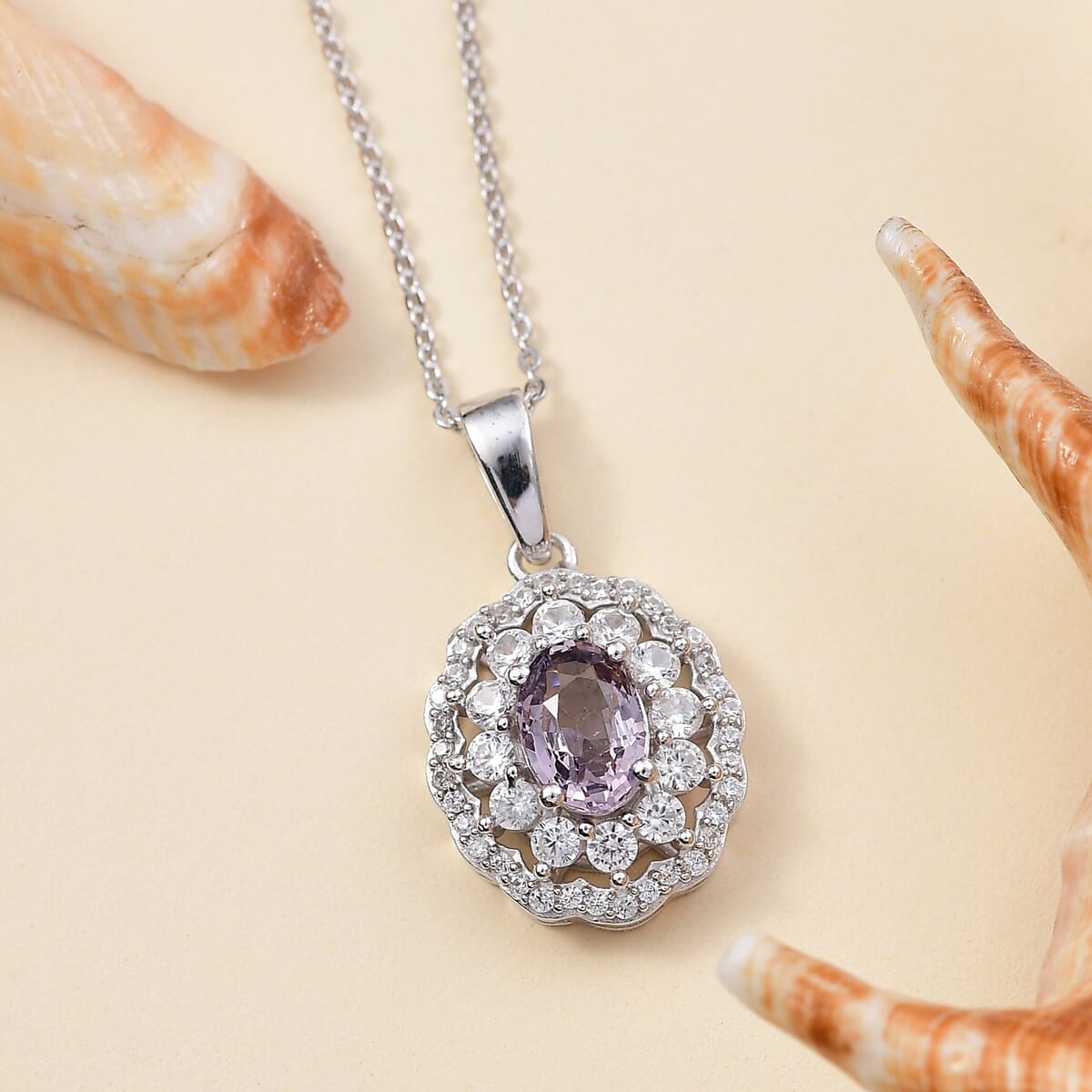 Royal Lavender Spinel and White Zircon 1.70 ctw Floral Pendant Necklace in Rhodium Over Sterling Silver 20 Inches image number 1