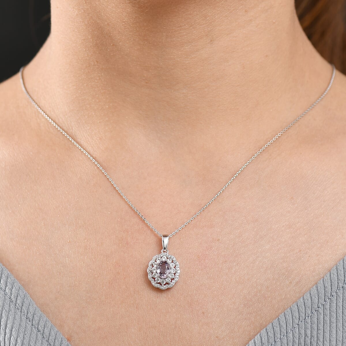 Royal Lavender Spinel and White Zircon 1.70 ctw Floral Pendant Necklace in Rhodium Over Sterling Silver 20 Inches image number 2