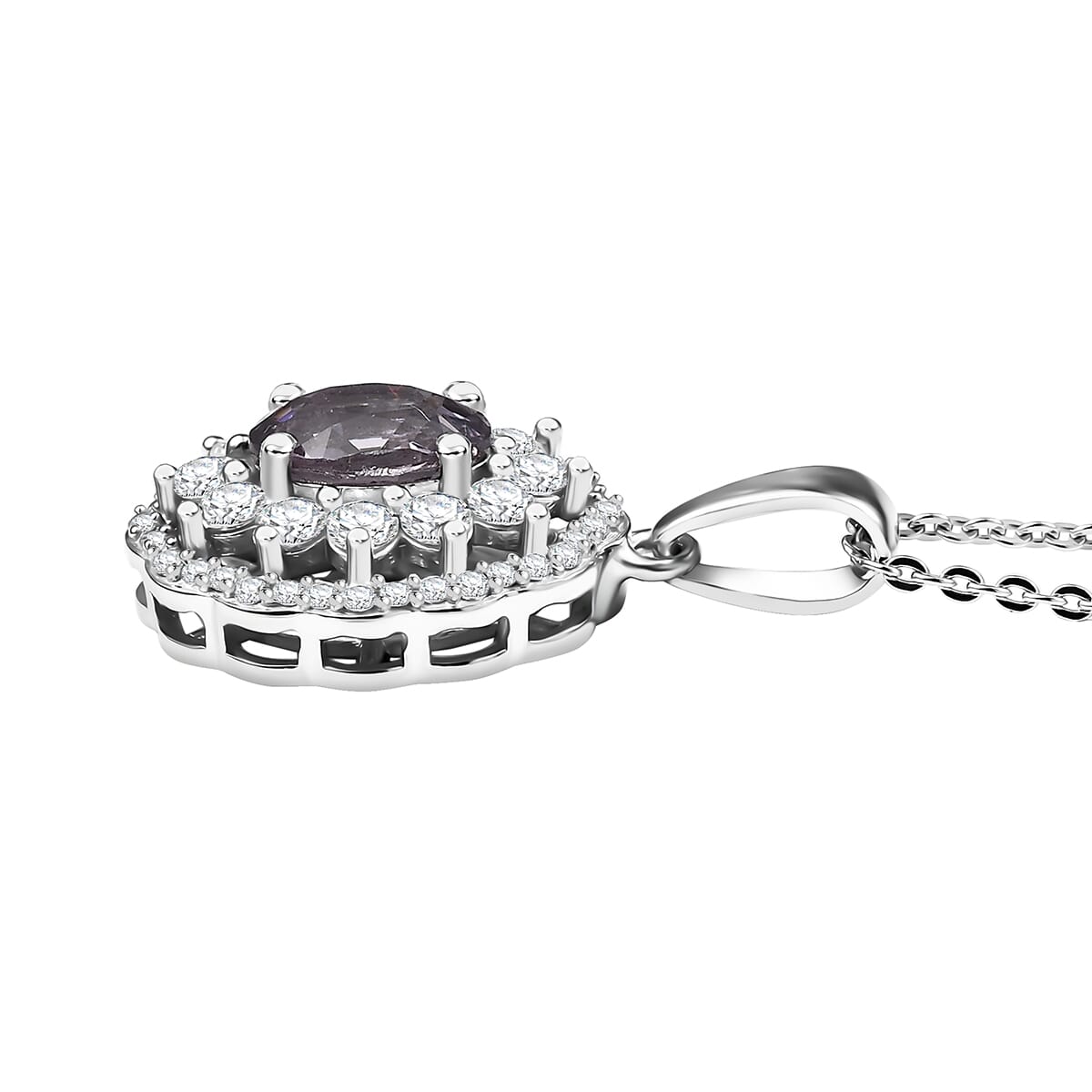 Royal Lavender Spinel and White Zircon 1.70 ctw Floral Pendant Necklace in Rhodium Over Sterling Silver 20 Inches image number 3