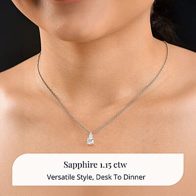 D'Joy Lab Created White Sapphire 1.15 ctw Pendant in Sterling Silver with Stainless Steel Necklace 20 Inches