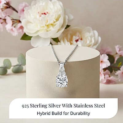 D'Joy Lab Created White Sapphire 1.15 ctw Pendant in Sterling Silver with Stainless Steel Necklace 20 Inches