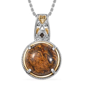 Script Stone and Brazilian Smoky Quartz 10.35 ctw Pendant in in 14K YG and Platinum Over Copper with Stainless Steel Necklace 20 Inches
