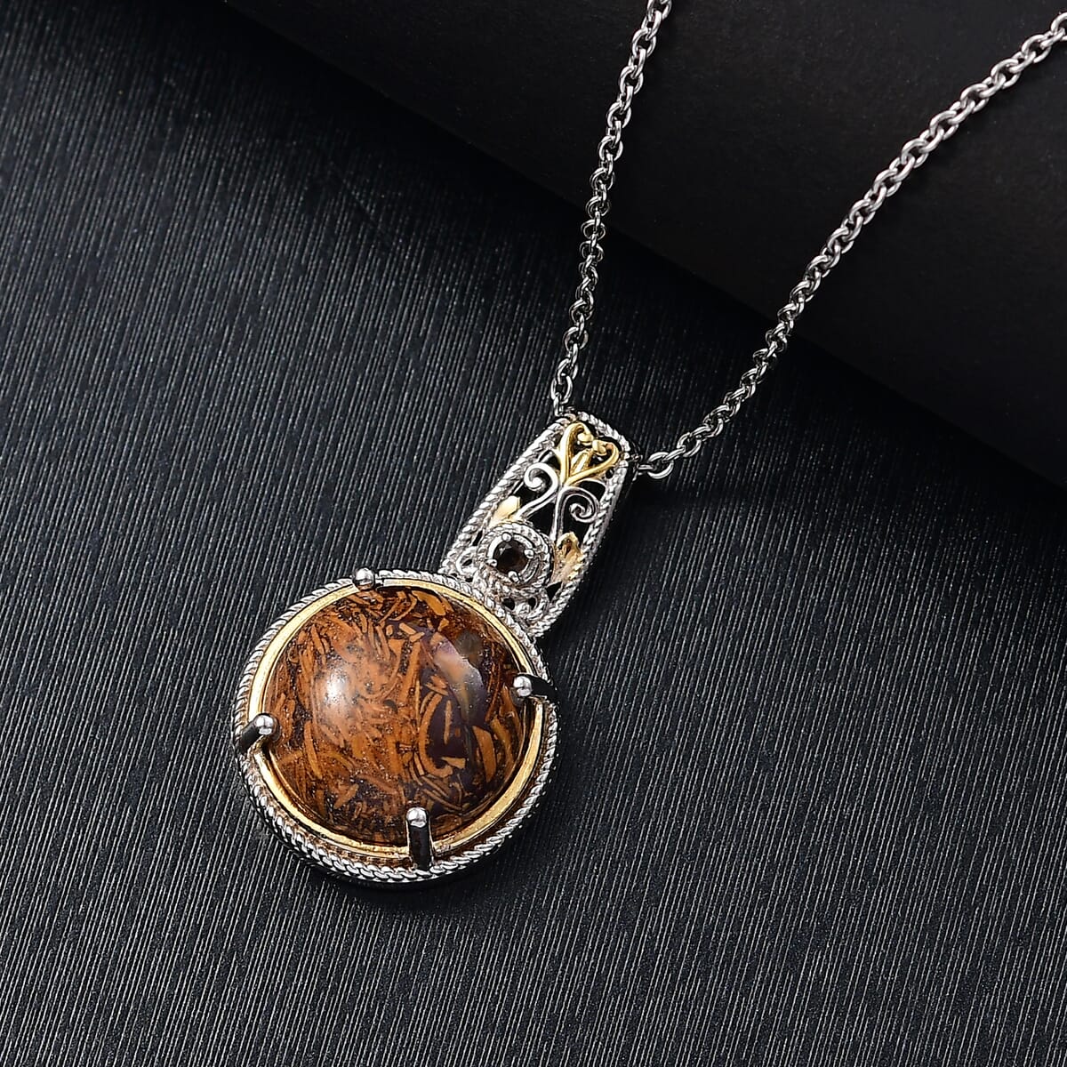 Script Stone and Brazilian Smoky Quartz 10.35 ctw Pendant in in 14K YG and Platinum Over Copper with Stainless Steel Necklace 20 Inches image number 1