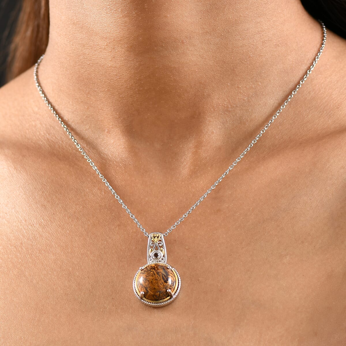 Script Stone and Brazilian Smoky Quartz 10.35 ctw Pendant in in 14K YG and Platinum Over Copper with Stainless Steel Necklace 20 Inches image number 2