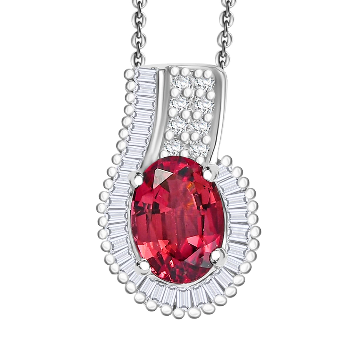 Premium Ouro Fino Rubellite, White Diamond Pendant Necklace (20 Inches) in Rhodium Over Sterling Silver 1.70 ctw image number 0