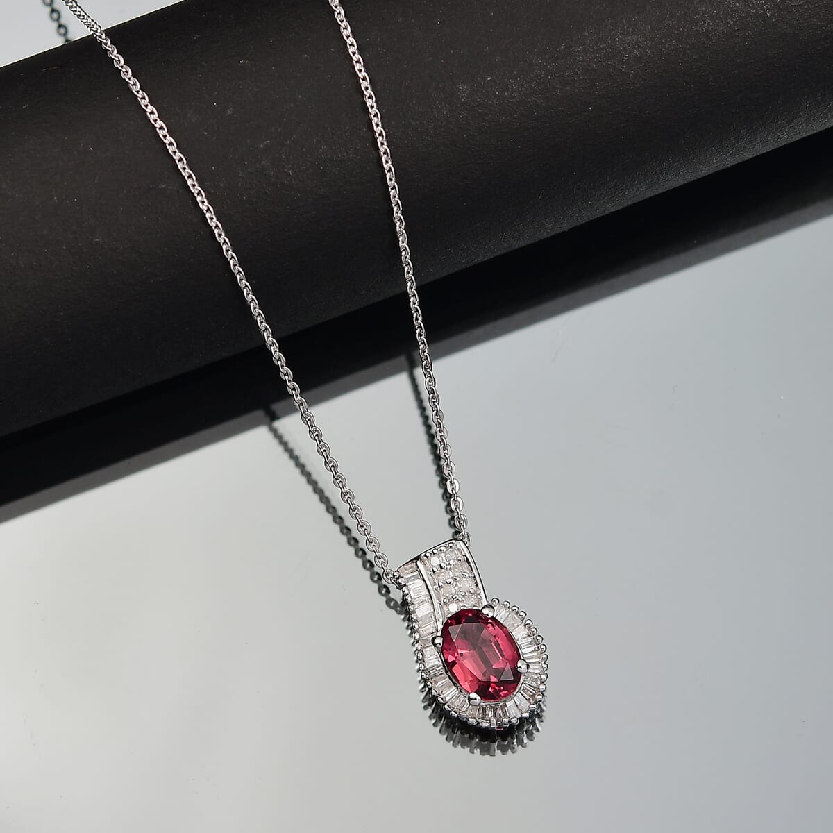 Premium Ouro Fino Rubellite, White Diamond Pendant Necklace (20 Inches) in Rhodium Over Sterling Silver 1.70 ctw image number 1
