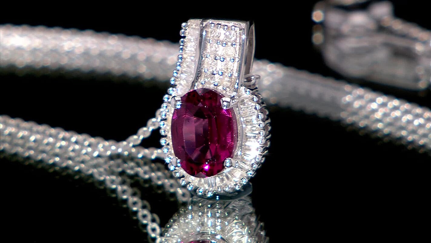 Premium Ouro Fino Rubellite, White Diamond Pendant Necklace (20 Inches) in Rhodium Over Sterling Silver 1.70 ctw