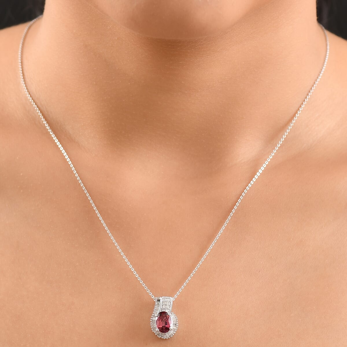 Premium Ouro Fino Rubellite, White Diamond Pendant Necklace (20 Inches) in Rhodium Over Sterling Silver 1.70 ctw image number 2
