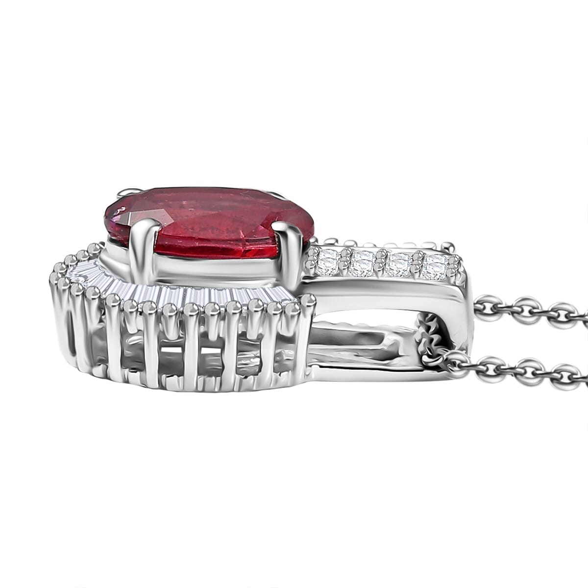 Premium Ouro Fino Rubellite, White Diamond Pendant Necklace (20 Inches) in Rhodium Over Sterling Silver 1.70 ctw image number 3
