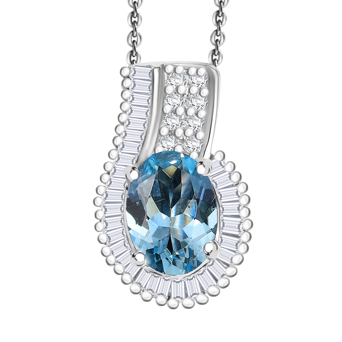 Premium Santa Maria Aquamarine, White Diamond Pendant Necklace (20 Inches) in Rhodium Over Sterling Silver 1.25 ctw image number 0