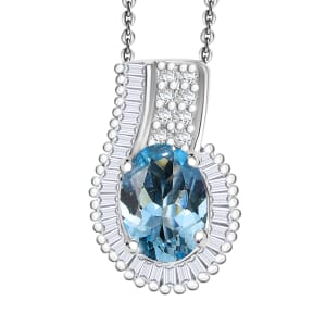 Premium Santa Maria Aquamarine, White Diamond Pendant Necklace (20 Inches) in Rhodium Over Sterling Silver 1.25 ctw