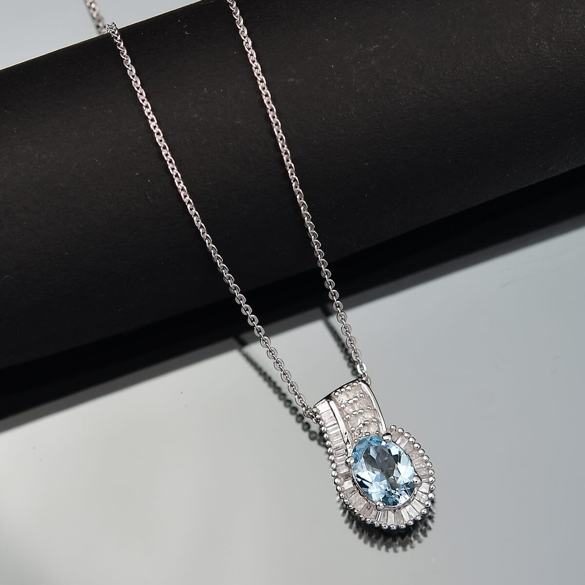 Premium Santa Maria Aquamarine, White Diamond Pendant Necklace (20 Inches) in Rhodium Over Sterling Silver 1.25 ctw image number 1