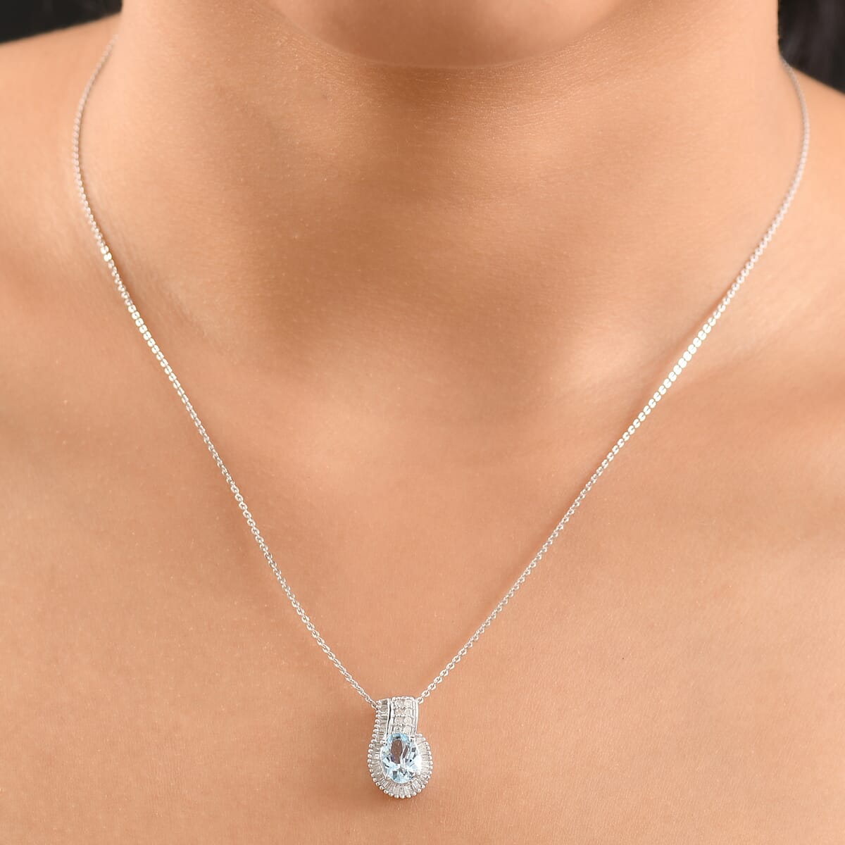 Premium Santa Maria Aquamarine, White Diamond Pendant Necklace (20 Inches) in Rhodium Over Sterling Silver 1.25 ctw image number 2