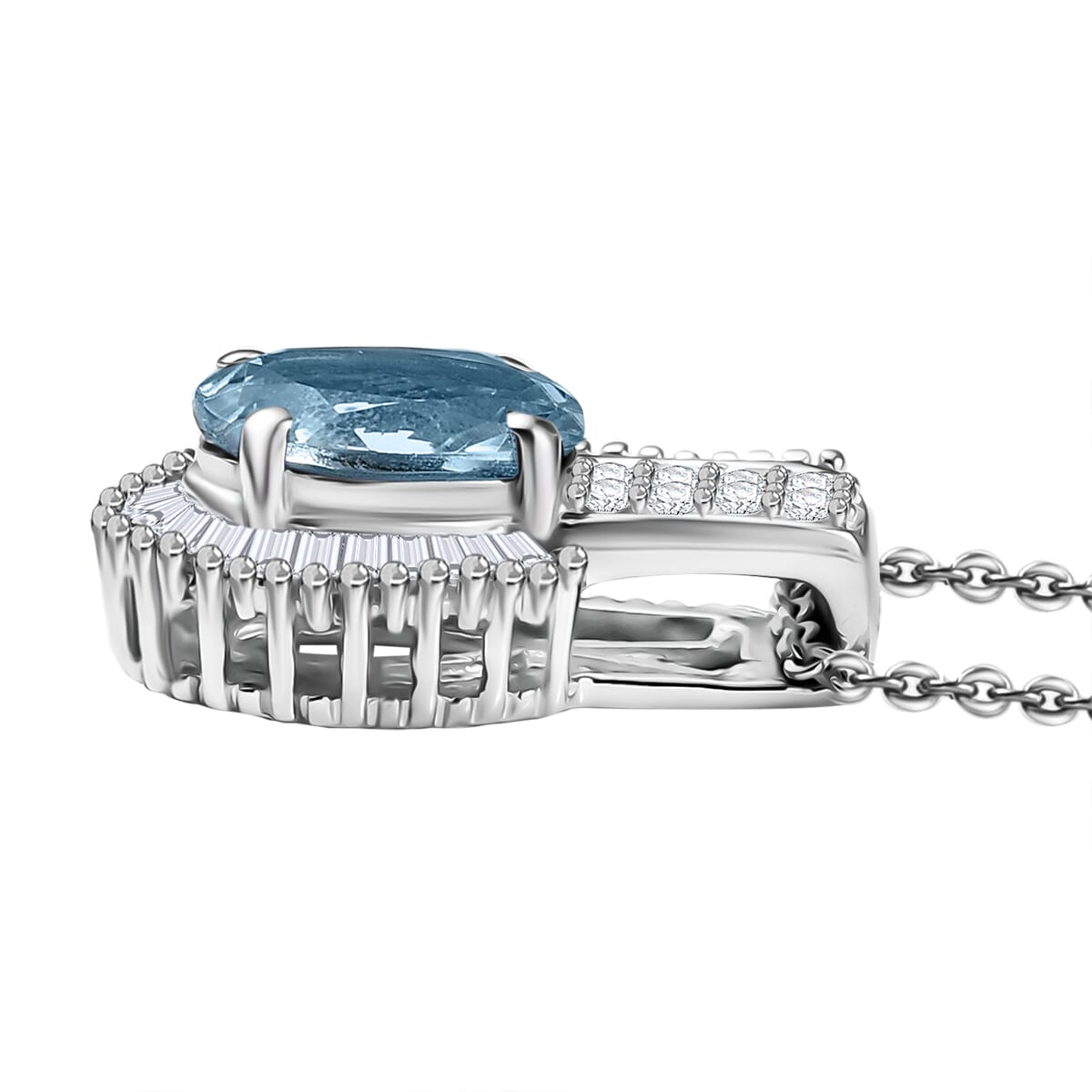 Premium Santa Maria Aquamarine, White Diamond Pendant Necklace (20 Inches) in Rhodium Over Sterling Silver 1.25 ctw image number 3