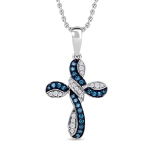 Venice Blue Diamond I1-I2 and Diamond 0.25 ctw Infinity Cross Pendant Necklace in Rhodium Over Sterling Silver 20 inches