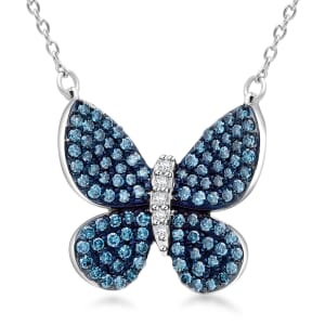 Venice Blue Diamond I1-I2 and Diamond 0.50 ctw Butterfly Pendant Necklace in Rhodium Over Sterling Silver 20 Inches
