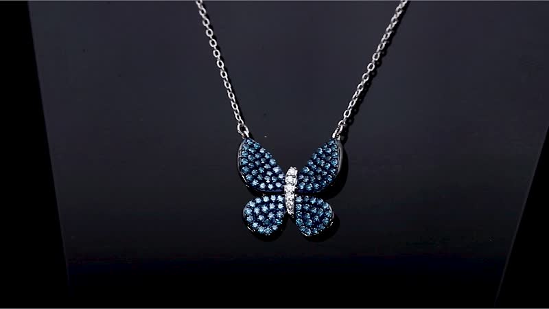 Venice Blue Diamond I1-I2 and Diamond 0.50 ctw Butterfly Pendant Necklace in Rhodium Over Sterling Silver 20 Inches
