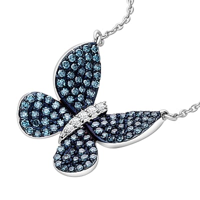 Venice Blue Diamond I1-I2 and Diamond 0.50 ctw Butterfly Pendant Necklace in Rhodium Over Sterling Silver 20 Inches
