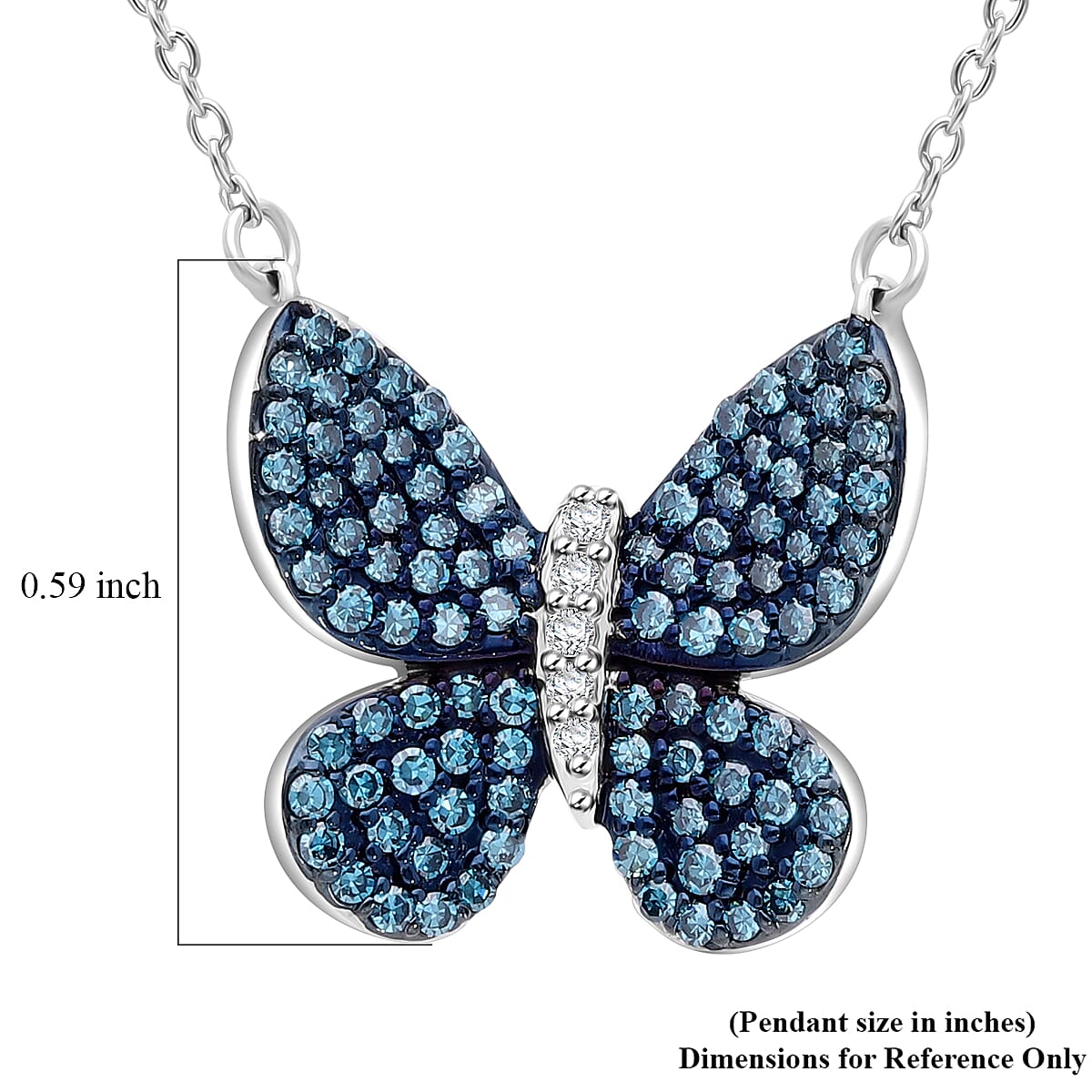 Venice Blue Diamond I1-I2 and Diamond 0.50 ctw Butterfly Pendant Necklace in Rhodium Over Sterling Silver 20 Inches
