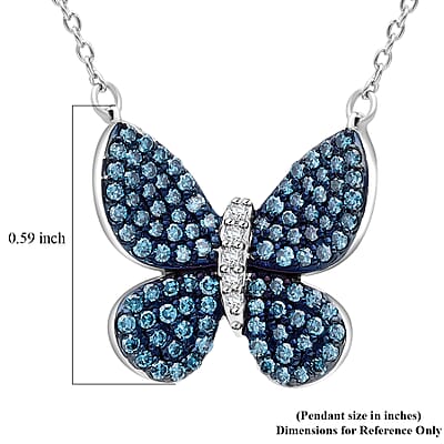 Venice Blue Diamond I1-I2 and Diamond 0.50 ctw Butterfly Pendant Necklace in Rhodium Over Sterling Silver 20 Inches