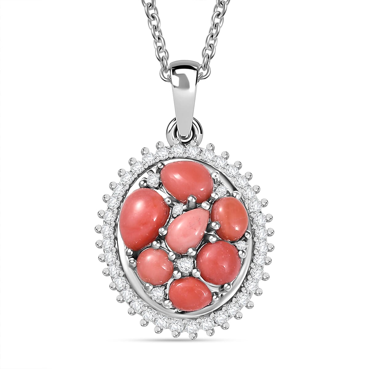 Karis Oregon Peach Opal and White Zircon 1.50 ctw Floral Pendant in Platinum Bond with Stainless Steel Necklace 20 Inches image number 0