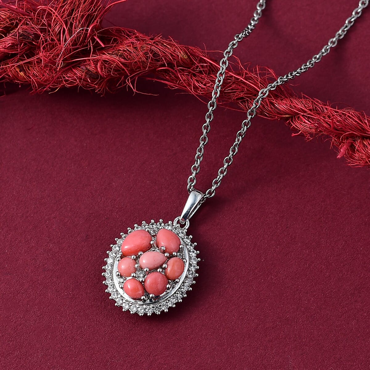 Karis Oregon Peach Opal and White Zircon 1.50 ctw Floral Pendant in Platinum Bond with Stainless Steel Necklace 20 Inches image number 1