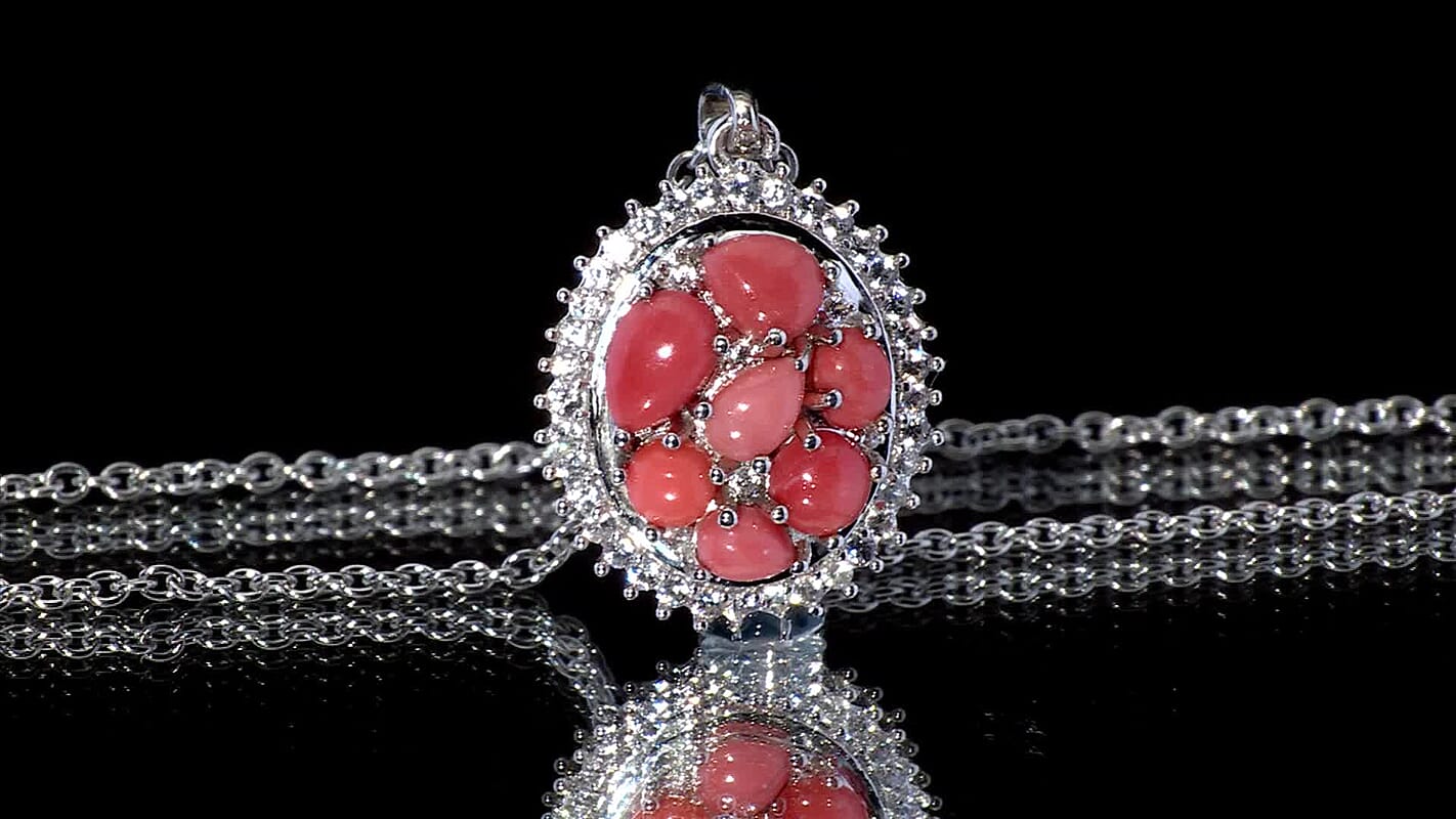 Karis Oregon Peach Opal and White Zircon 1.50 ctw Blooming Pendant in Platinum Bond with Stainless Steel Necklace 20 Inches