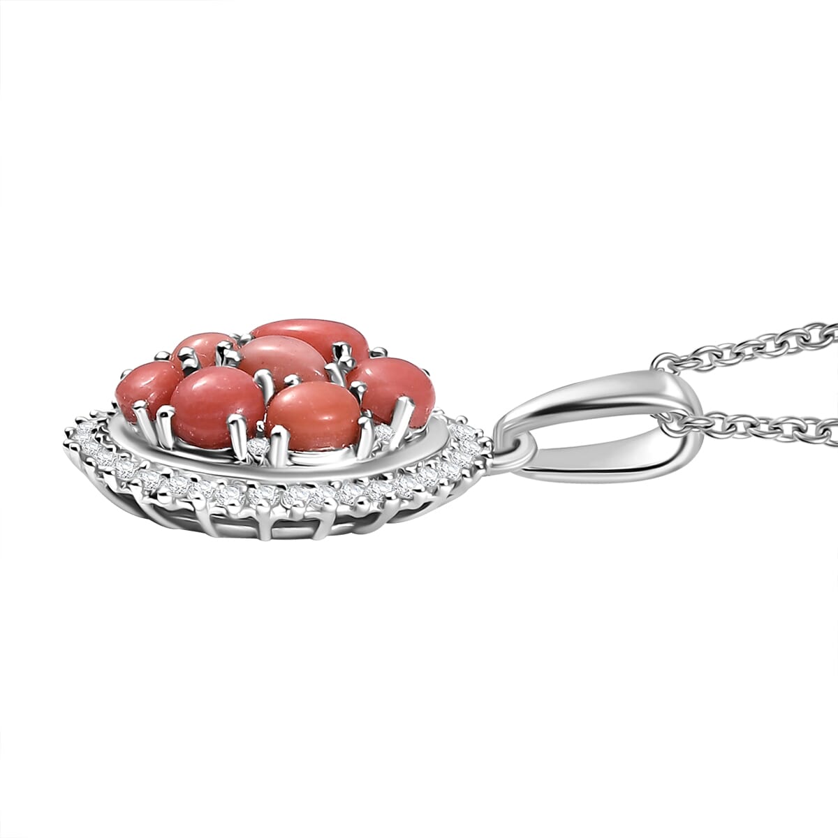 Karis Oregon Peach Opal and White Zircon 1.50 ctw Floral Pendant in Platinum Bond with Stainless Steel Necklace 20 Inches image number 3