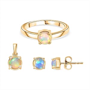 Ethiopian Welo Opal 2.24 ctw Earrings, Ring (Size 9.0) and Pendant in 18K YG Plated with Stainless Steel Necklace (20 Inches)