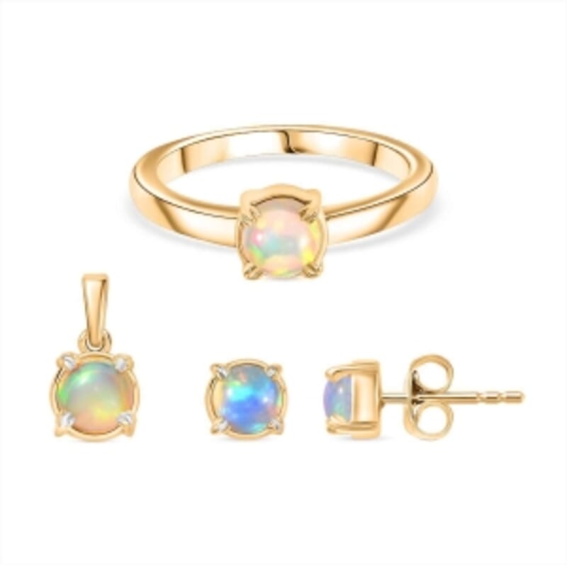 Ethiopian Welo Opal 2.24 ctw Earrings, Ring (Size 9.0) and Pendant in 18K YG Plated with Stainless Steel Necklace (20 Inches)