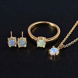 Ethiopian Welo Opal 2.24 ctw Earrings, Ring (Size 9.0) and Pendant in 18K YG Plated with Stainless Steel Necklace (20 Inches)