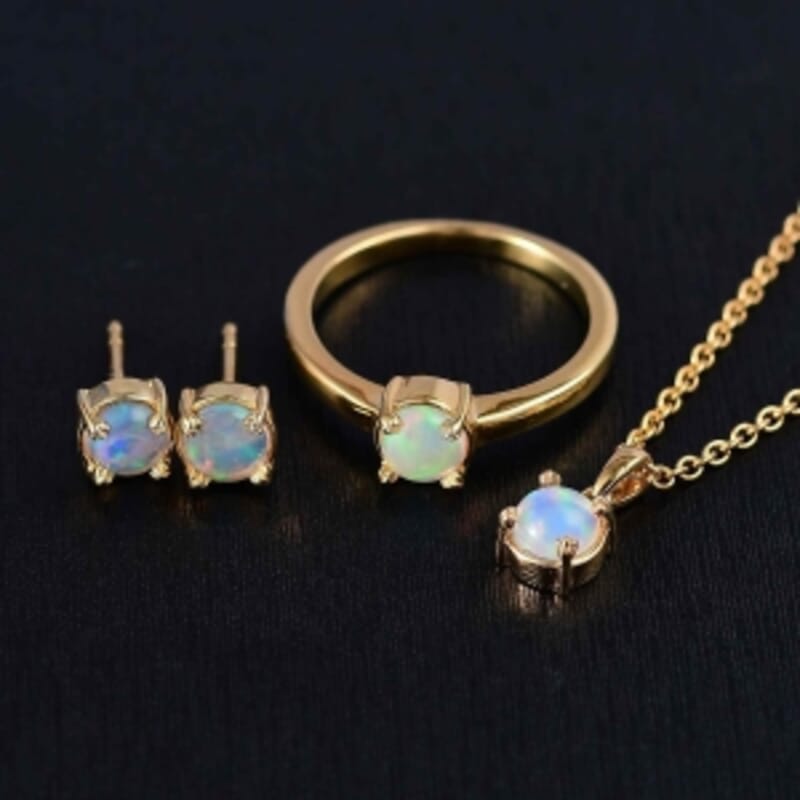 Ethiopian Welo Opal 2.24 ctw Earrings, Ring (Size 9.0) and Pendant in 18K YG Plated with Stainless Steel Necklace (20 Inches)