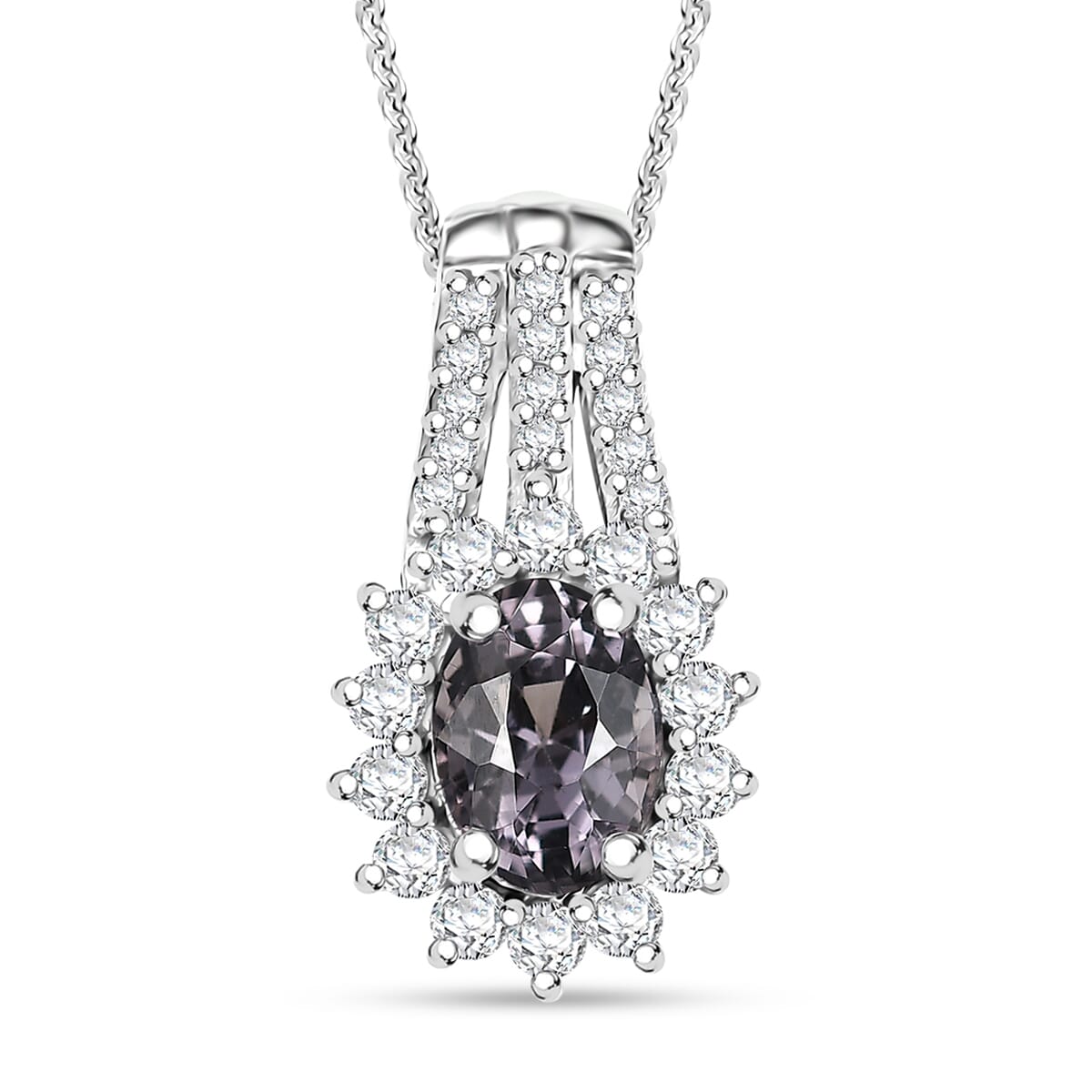 Lavender Spinel and Moissanite 1.30 ctw Classic Halo Pendant Necklace in Rhodium Over Sterling Silver 20 Inches image number 0