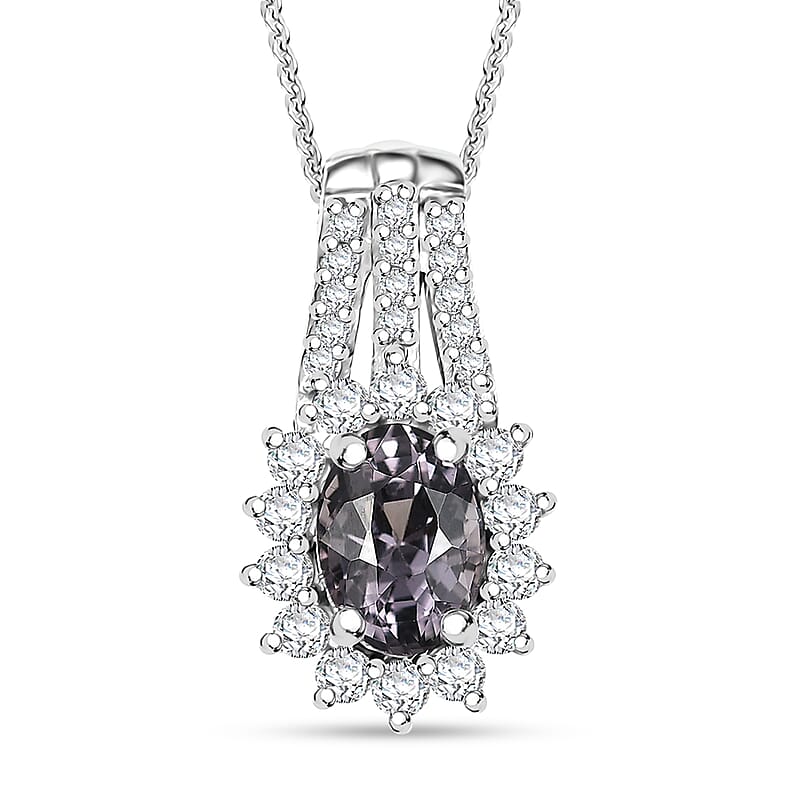 Royal Lavender Spinel and Moissanite 1.30 ctw Classic Halo Pendant Necklace in Rhodium Over Sterling Silver 20 Inches