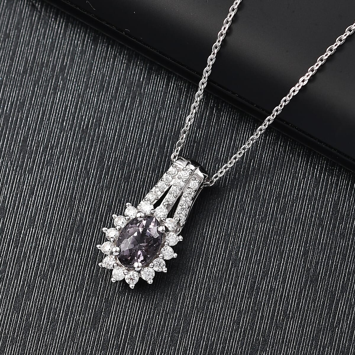 Lavender Spinel and Moissanite 1.30 ctw Classic Halo Pendant Necklace in Rhodium Over Sterling Silver 20 Inches image number 1