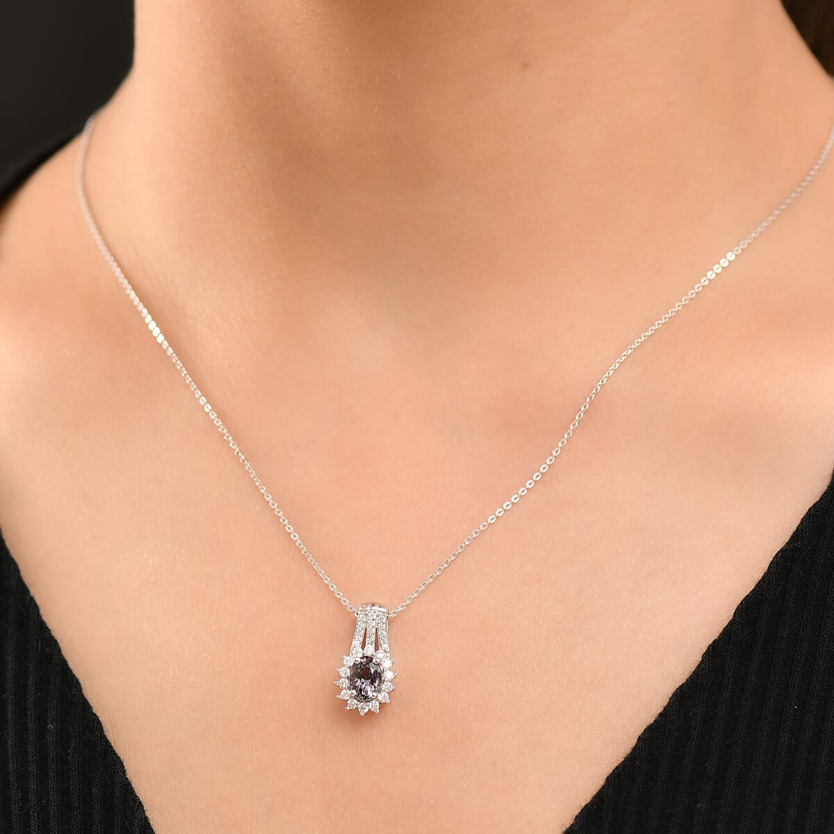 Lavender Spinel and Moissanite 1.30 ctw Classic Halo Pendant Necklace in Rhodium Over Sterling Silver 20 Inches image number 2