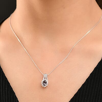 Royal Lavender Spinel and Moissanite 1.30 ctw Classic Halo Pendant Necklace in Rhodium Over Sterling Silver 20 Inches