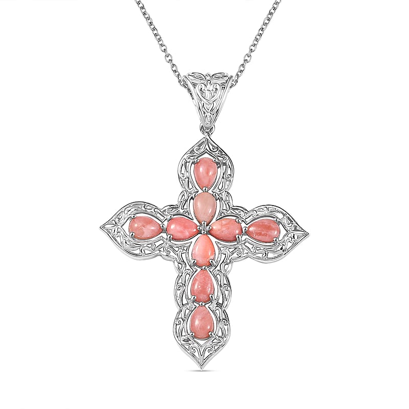 Karis Oregon Peach Opal 2.80 ctw Cross Pendant in Platinum Bond with Stainless Steel Necklace 20 Inches