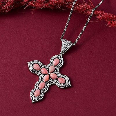 Karis Oregon Peach Opal 2.80 ctw Cross Pendant in Platinum Bond with Stainless Steel Necklace 20 Inches