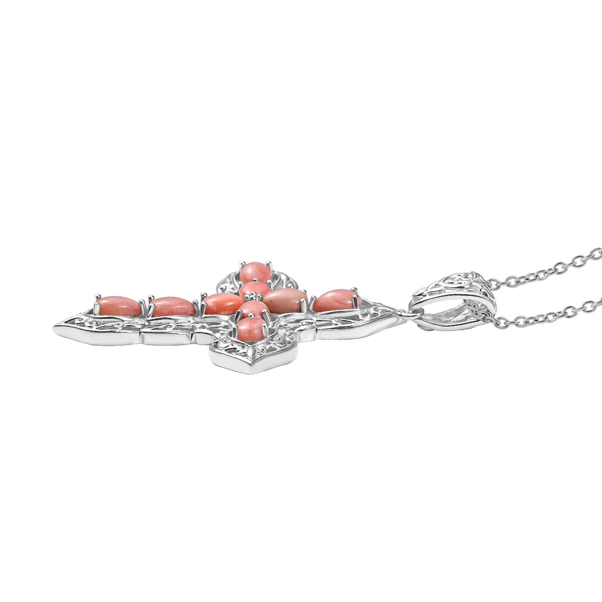 Karis Oregon Peach Opal 2.80 ctw Cross Pendant in Platinum Bond with Stainless Steel Necklace 20 Inches image number 3