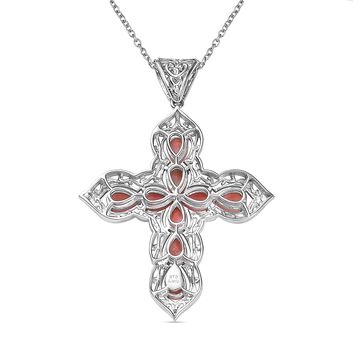 Karis Oregon Peach Opal 2.80 ctw Cross Pendant in Platinum Bond with Stainless Steel Necklace 20 Inches