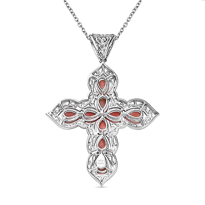 Karis Oregon Peach Opal 2.80 ctw Cross Pendant in Platinum Bond with Stainless Steel Necklace 20 Inches