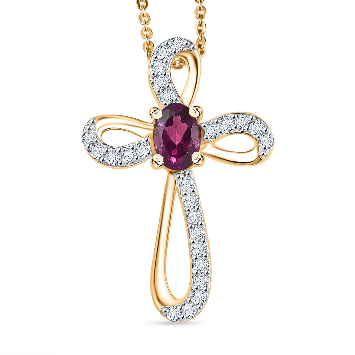 AAA Radiant Ember Garnet and White Zircon 0.80 ctw Imperial Cross Pendant Necklace in 18K Vermeil Yellow Gold Over Sterling Silver 20 Inches image number 0